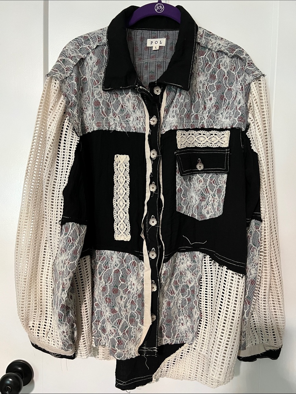 POL Lace & Crochet Panel Button-Down Shirt Jacket in Black and Cream
